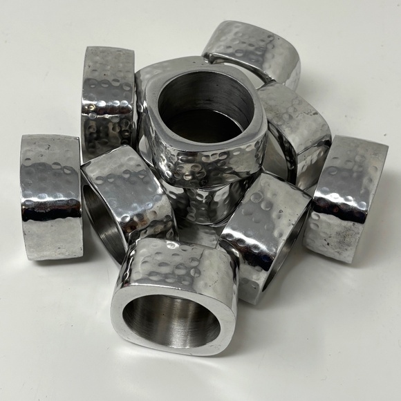 Other - Set of 12 Pewter Metal Napkin Rings Hammered Style Square with Large Round Hole
